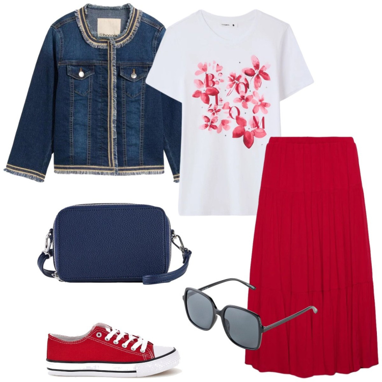 Outfit donna - Giornata al mare. Stile Boho per Tutti i giorni. Abbinamento con blazer, borse a tracolla, occhiali da sole, gonne lunghe, t-shirt, sneakers.