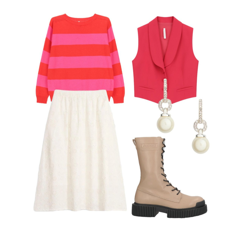 Outfit donna - La gonna che segna il punto vita 2. Stile Trendy per Tutti i giorni. Abbinamento con stivaletti, gonne longuette, maglieria, gilet, orecchini.