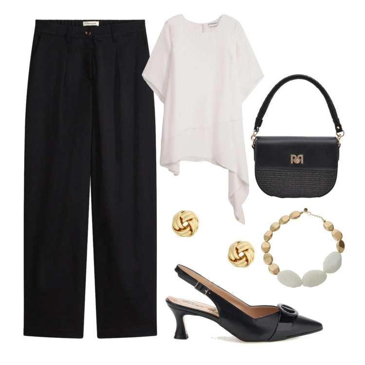 Outfit donna - Classe e stile. Stile Chic per Serata fuori. Abbinamento con bluse, pantaloni, borse a spalla, collane, orecchini, décolleté.