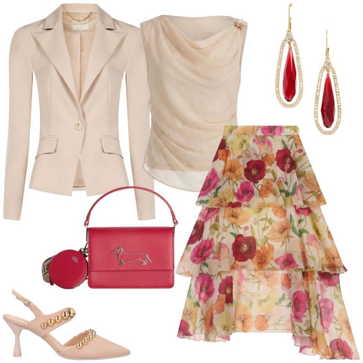 Outfit donna - Cerimonia. Stile Chic per Cerimonia. Abbinamento con décolleté, borse a tracolla, blazer, top, gonne lunghe, orecchini.