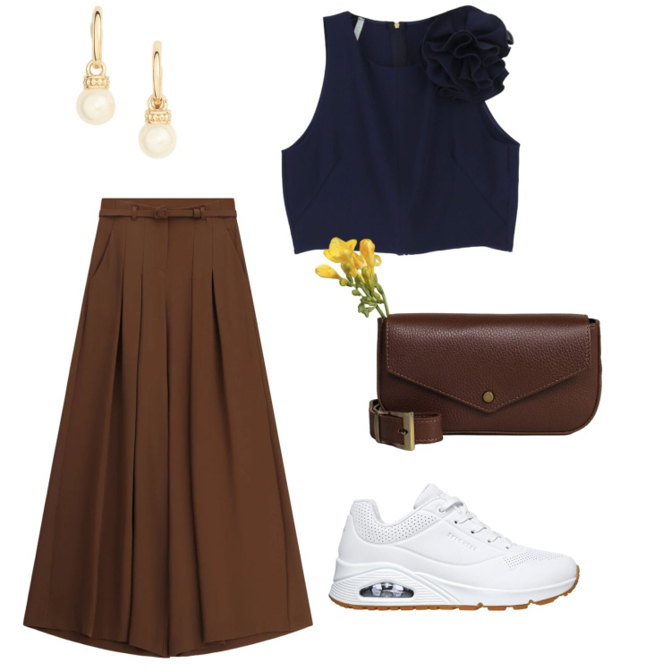Outfit donna - Sere estive. per Serata fuori. Abbinamento con top, pantaloni a palazzo, borse a tracolla, orecchini, sneakers.