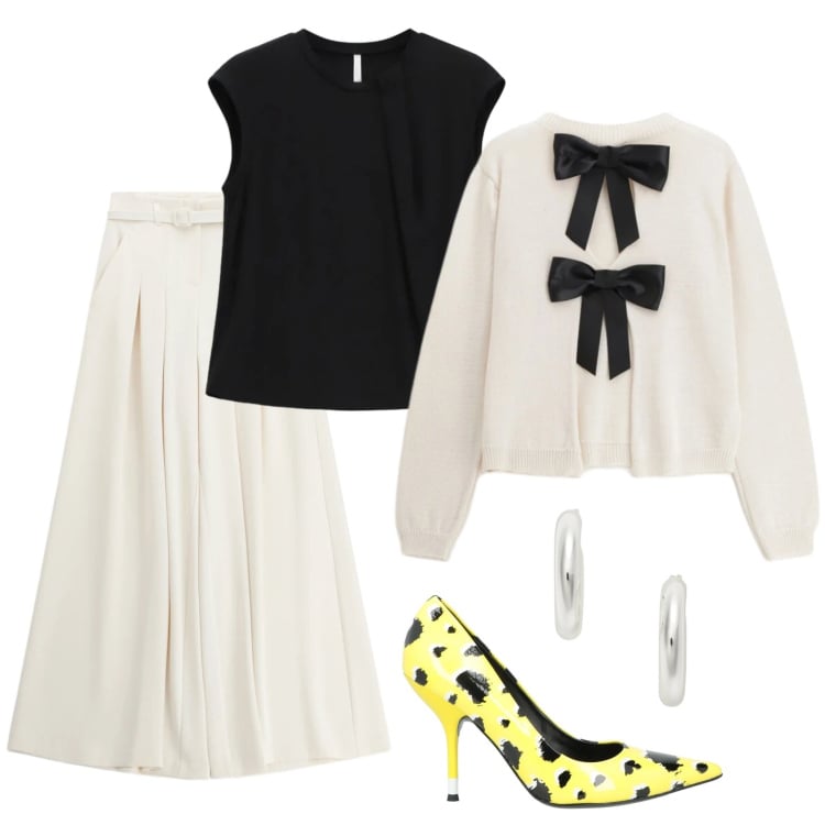 Outfit donna - Un tocco di giallo. Stile Glamour per Ufficio. Abbinamento con décolleté, maglieria, pantaloni a palazzo, top, orecchini.