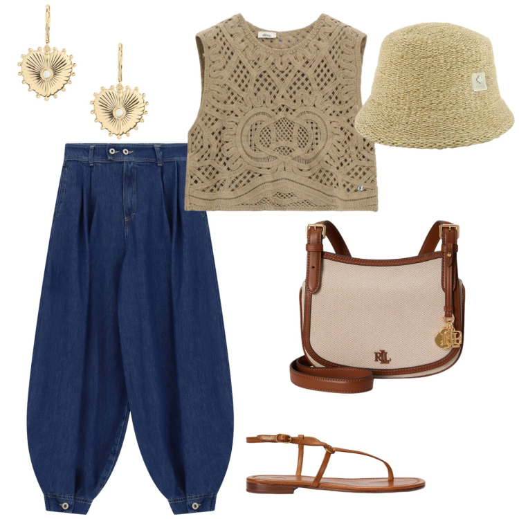 Outfit donna - Zona mare. per Mare. Abbinamento con jeans, top, cappelli, orecchini, borse a tracolla, sandali in pelle.