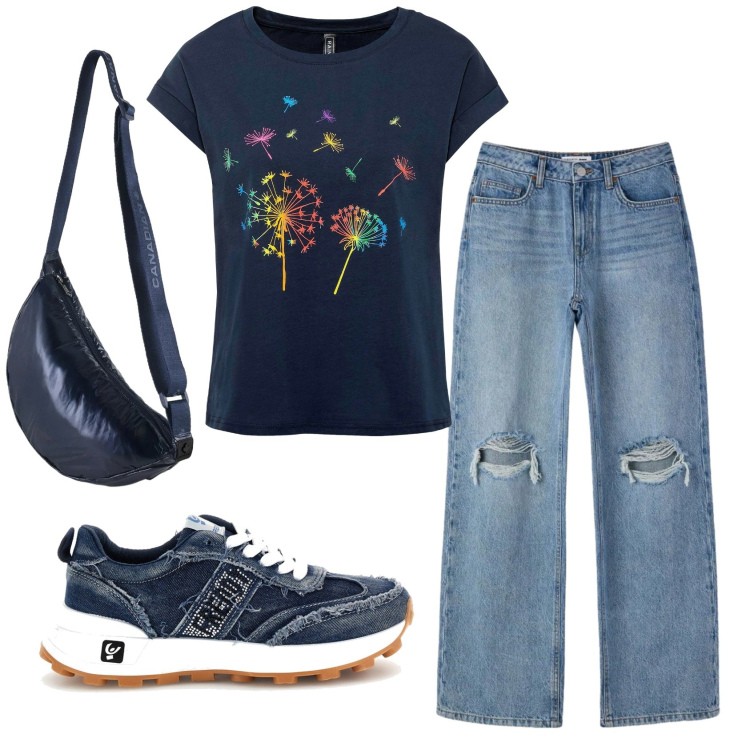 Outfit donna - Total look #2395889. Stile Casual per Tutti i giorni. Abbinamento con t-shirt, jeans strappati, borse a tracolla, sneakers.
