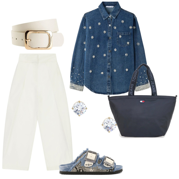 Outfit donna - Camicia in denim. per Tutti i giorni. Abbinamento con cinture, camicie, pantaloni a palazzo, orecchini, borse tote, sandali.