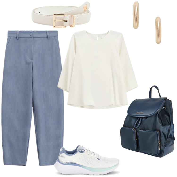 Outfit donna - Relaxed. Stile Casual per Tutti i giorni. Abbinamento con zaini, pantaloni, top, cinture, orecchini, sneakers.