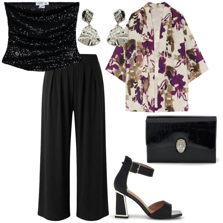 Outfit donna - Invito serale. per Serata fuori. Abbinamento con top, pantaloni, orecchini, cappotti, sandali col tacco, pochette.