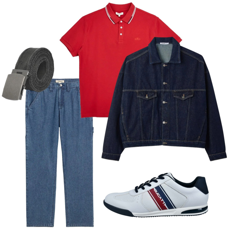 Outfit uomo - Sportivo in denim. per Tutti i giorni. Abbinamento con jeans dritti, cinture, cappotti, polo, sneakers.
