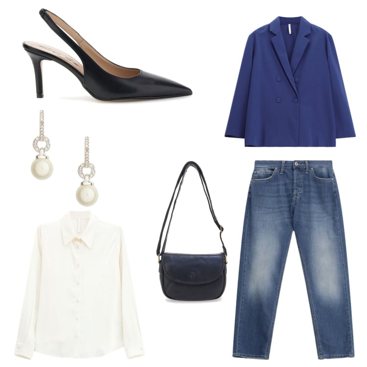 Outfit donna - Total look #2395899. Abbinamento con jeans dritti, blazer, camicie, orecchini, borse a tracolla, décolleté.