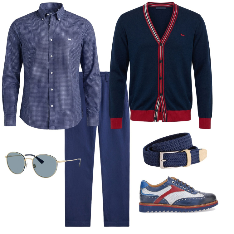 Outfit uomo - British style. per Ufficio. Abbinamento con cinture, cardigans, camicie, pantaloni, occhiali da sole, scarpe stringate.