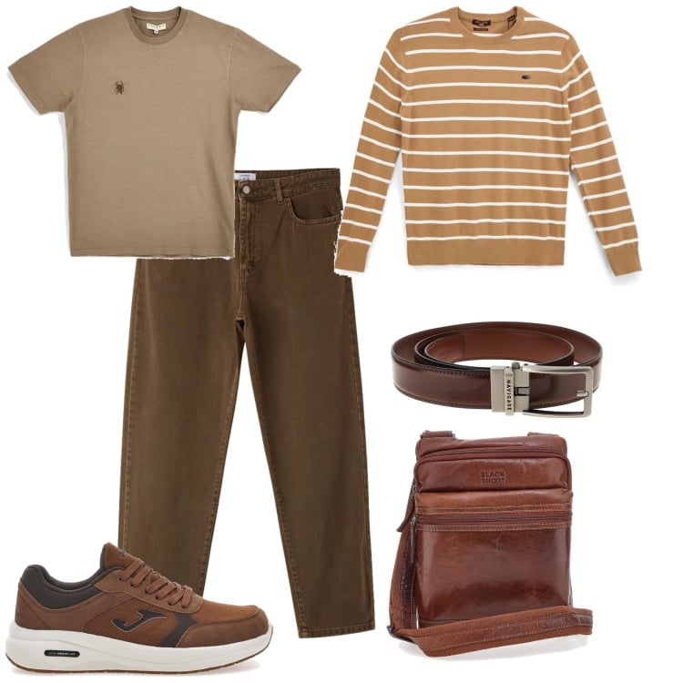 Outfit uomo - Colori della terra. per Ufficio. Abbinamento con pantaloni, sneakers, borse sportive, cinture, pullovers, t-shirt.