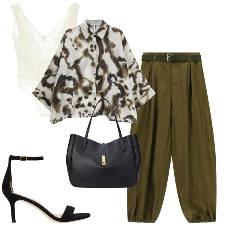 Outfit donna - City. Stile Casual chic per Tutti i giorni. Abbinamento con top, camicie, pantaloni, sandali in pelle, borse tote.