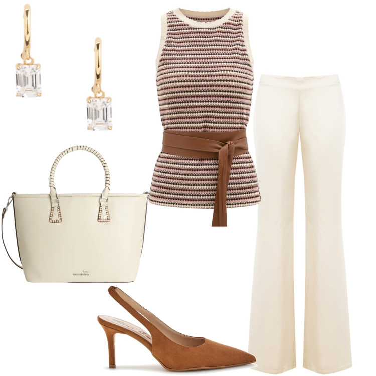 Outfit donna - Punto vita protagonista. Stile Casual chic per Tutti i giorni. Abbinamento con shopping bag, pantaloni a palazzo, canottiere, orecchini, décolleté.
