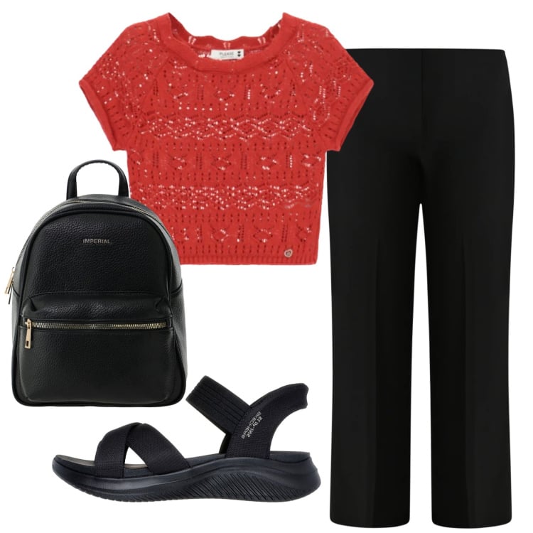 Outfit donna - Total look #2395909. Stile Basic per Scuola/Università. Abbinamento con top, zaini, pantaloni a palazzo, sandali col tacco.