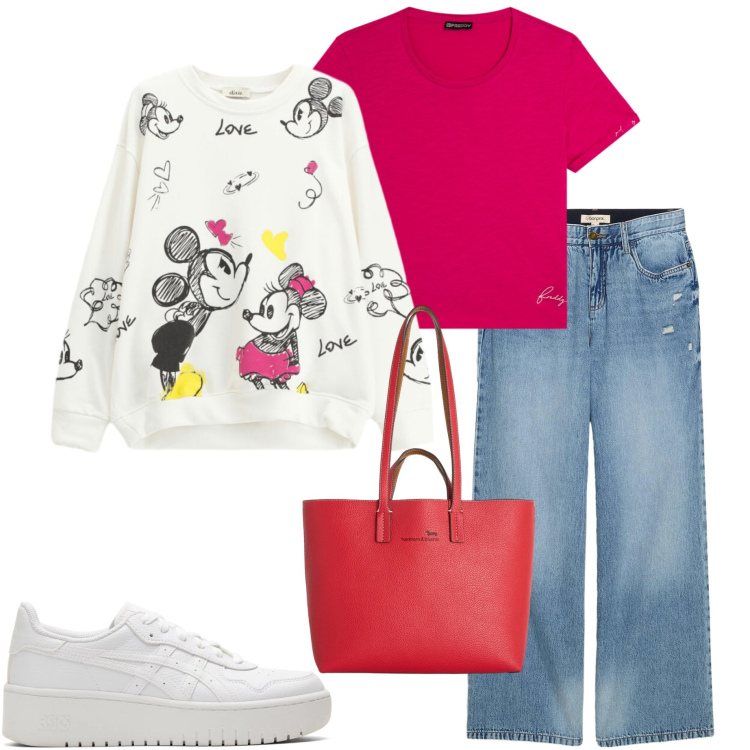 Outfit donna - A scuola /università. Stile Casual per Scuola/Università. Abbinamento con jeans, shopping bag, felpe, t-shirt, sneakers.