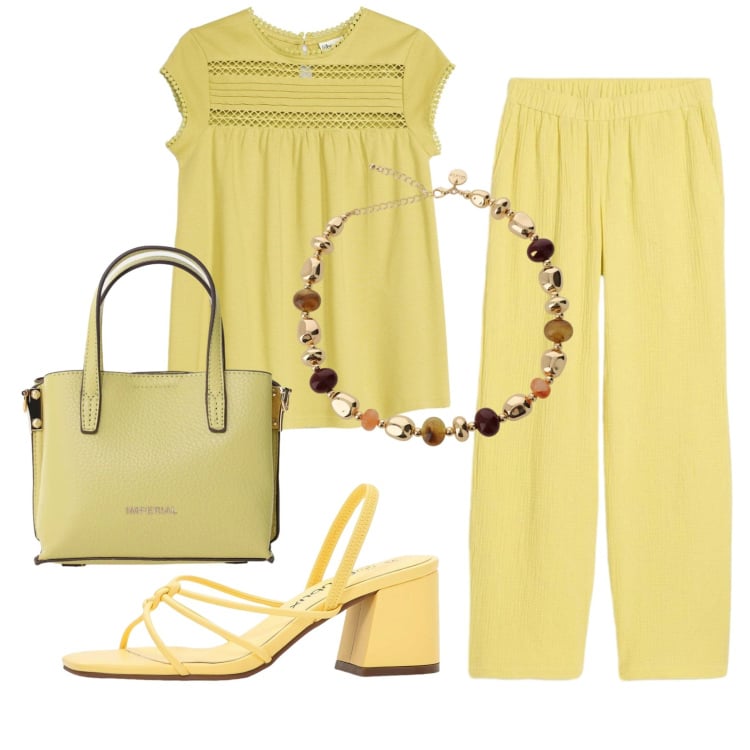 Outfit donna - Total look #2395911. Stile Basic per Tutti i giorni. Abbinamento con pantaloni, maglieria, sandali col tacco, borse a tracolla, collane.