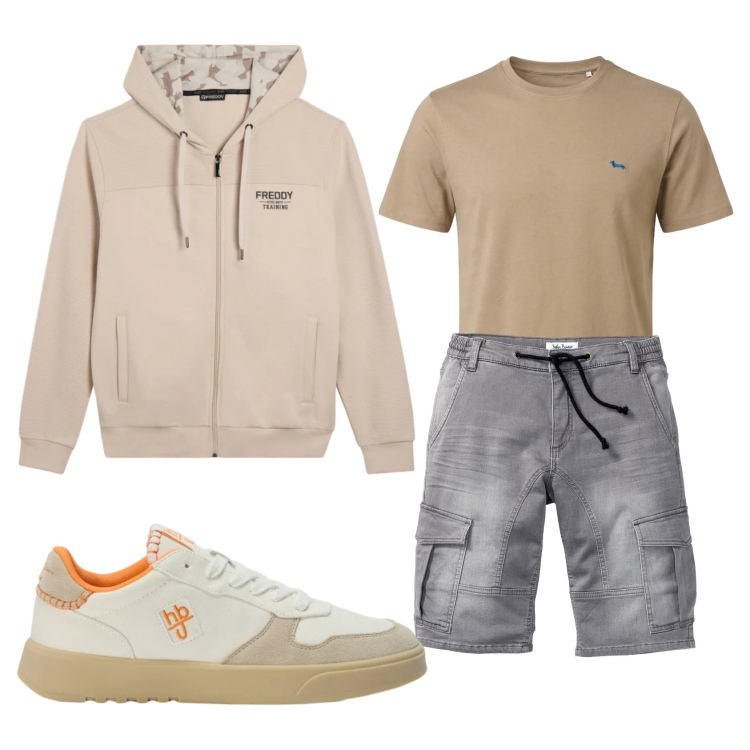 Outfit uomo - Total look #2395913. Stile Urban per Tutti i giorni. Abbinamento con bermuda, t-shirt, sneakers, felpe con cappuccio.