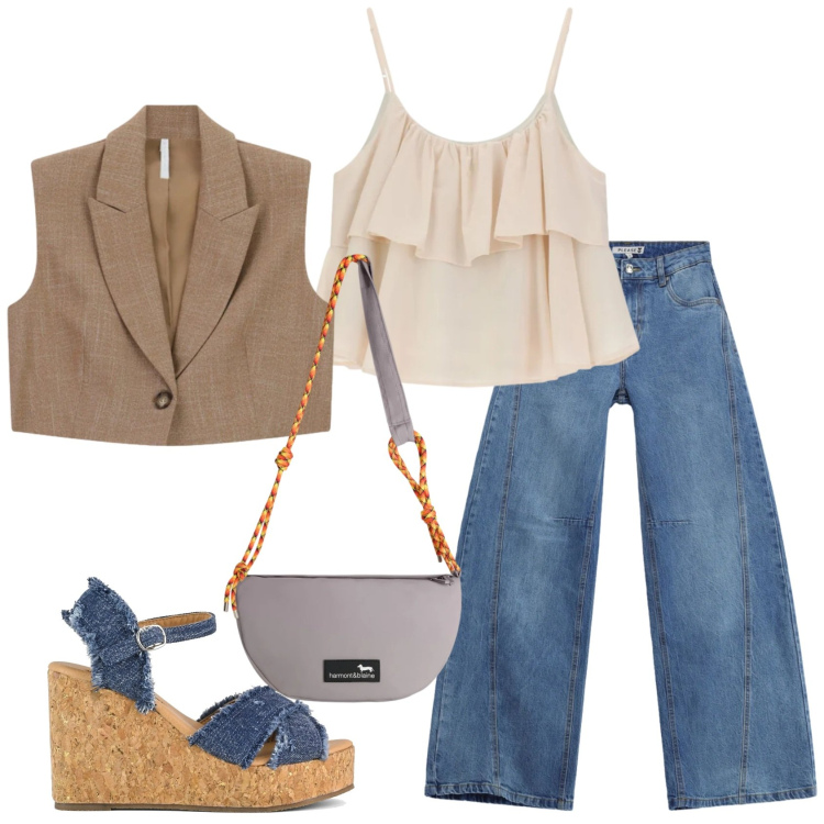 Outfit donna - Total look #2395914. Stile Casual chic per Tutti i giorni. Abbinamento con borse a tracolla, top, jeans, gilet, zeppe.