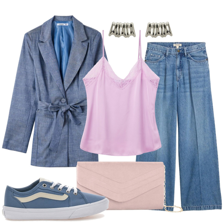 Outfit donna - Blu denim. Stile Casual chic per Tutti i giorni. Abbinamento con pochette, jeans, canottiere, blazer, orecchini, sneakers.