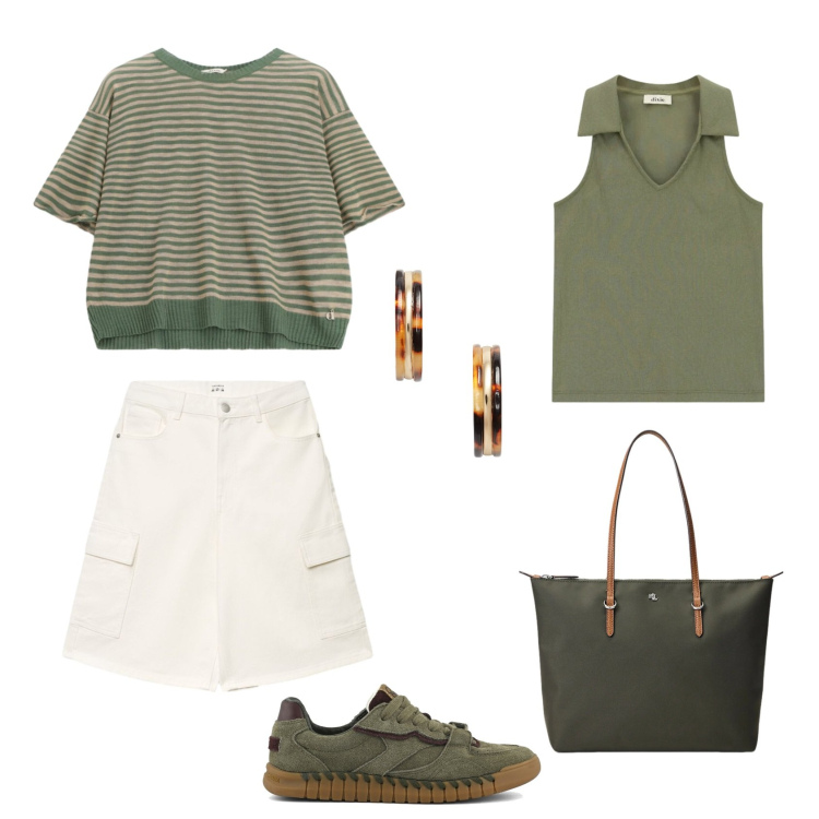 Outfit donna - Green world. Stile Casual chic Abbinamento con pantaloni corti, maglieria, top, borse tote, orecchini, sneakers.