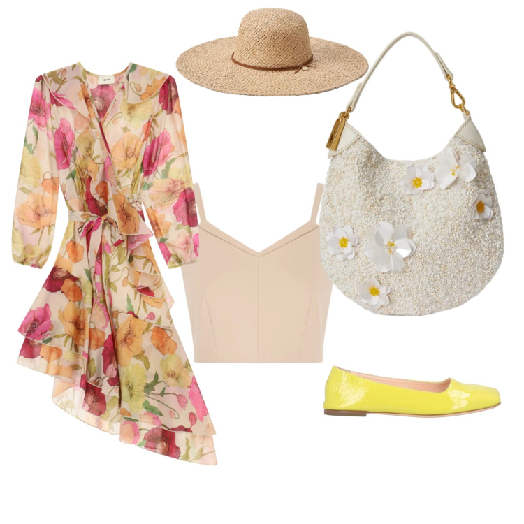 Outfit donna - Ballerine Chic tra Fiori e Sole. Stile Romantica per Serata fuori. Abbinamento con ballerine, top, vestiti corti, cappelli, pochette.