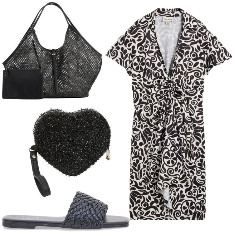 Outfit donna - Noir et Blanc Chic. Stile Chic per Serata fuori. Abbinamento con shopping bag, vestiti corti, portafogli, ciabatte.