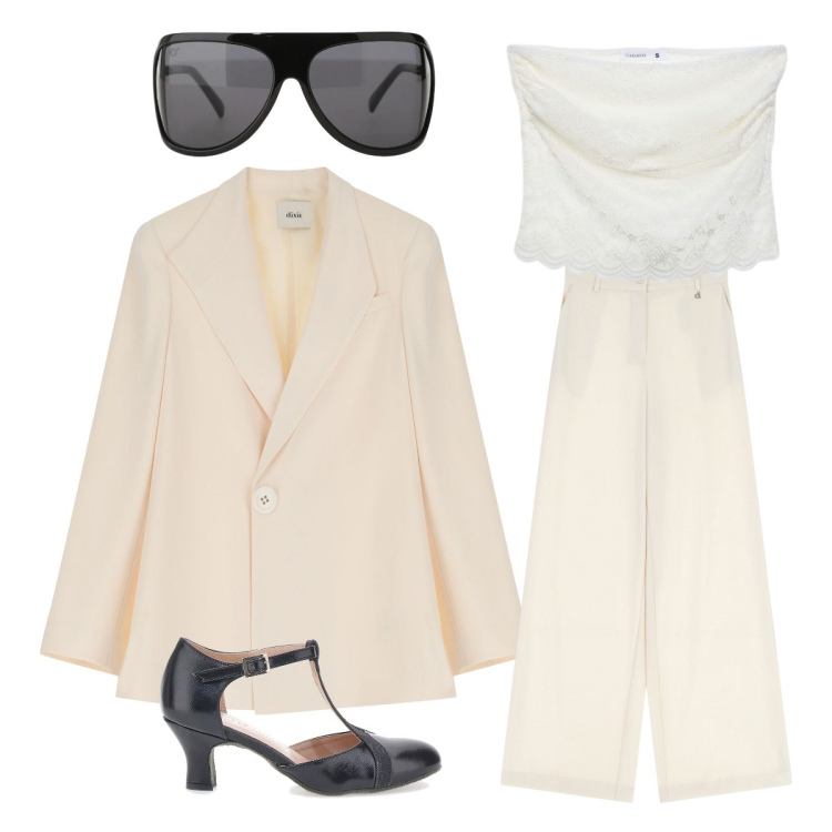 Outfit donna - ufficio maggio. Stile Minimal per Ufficio. Abbinamento con top, occhiali da sole, blazer, pantaloni a palazzo, scarpe col tacco.