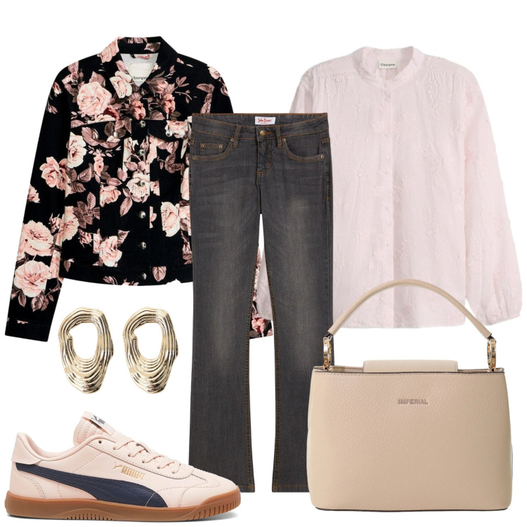 Outfit donna - Il giubbotto floreale. Stile Casual chic per Tutti i giorni. Abbinamento con jeans bootcut, blazer, camicie, borse a secchiello, orecchini, sneakers.