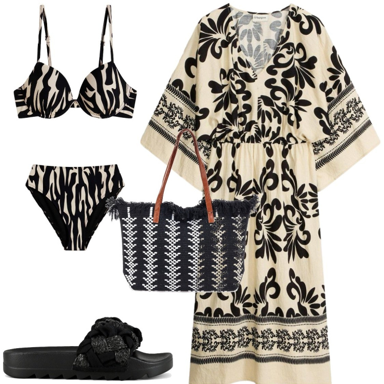 Outfit donna - TribalZebraGlam#PraparativiVacanze. Stile Glamour per Mare. Abbinamento con bikini, vestiti midi/longuette, borse tote, ciabatte.