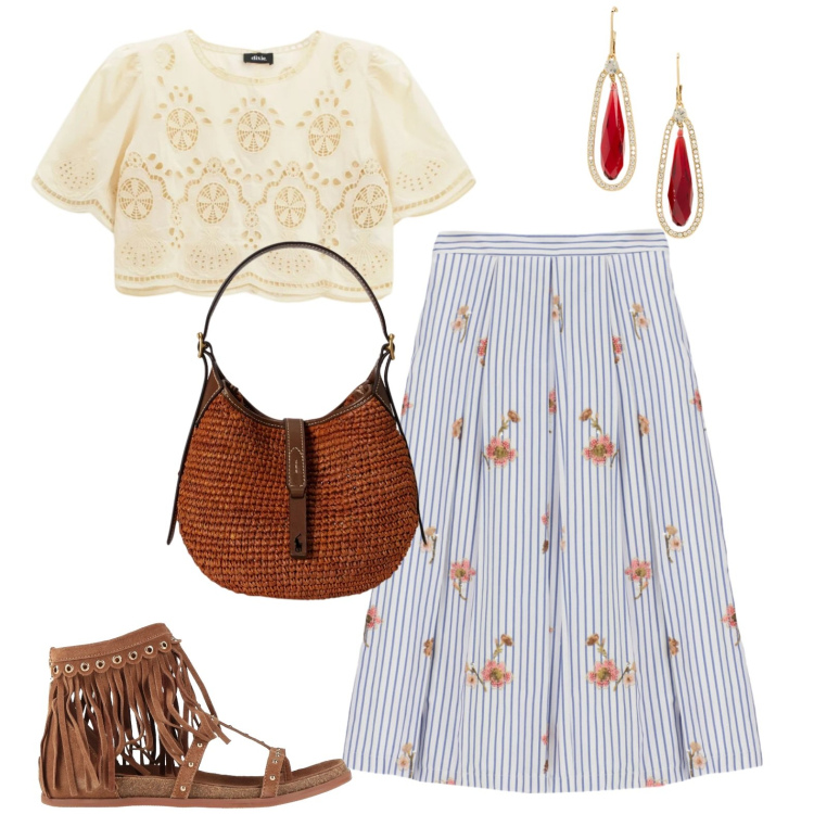 Outfit donna - Boho chic. Stile Boho per Tutti i giorni. Abbinamento con infradito, bluse, gonne longuette, orecchini, borse a spalla.