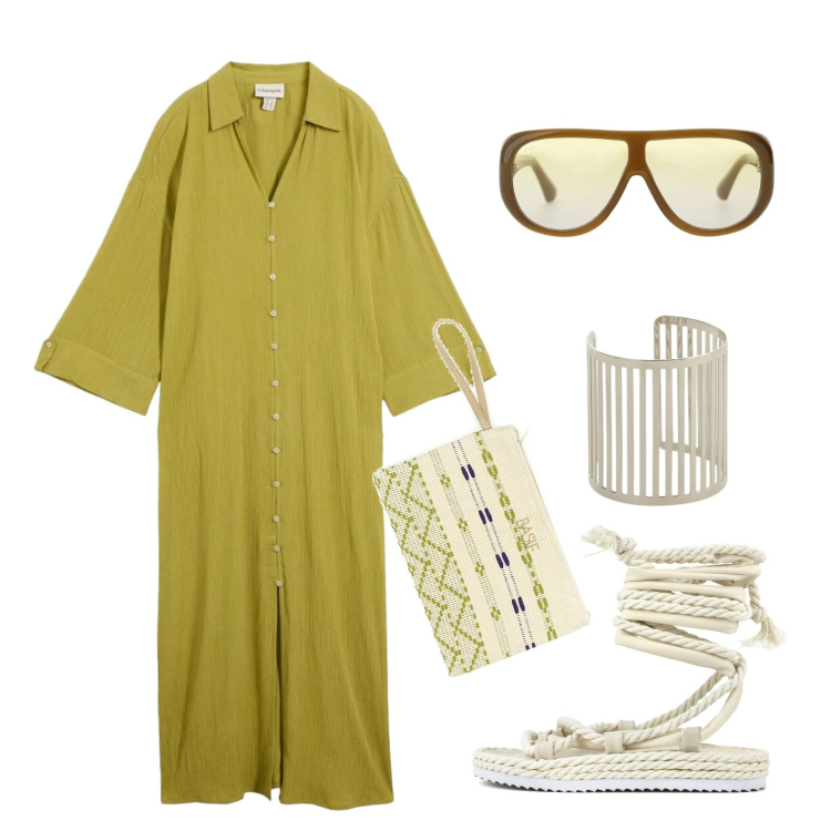 Outfit donna - Abito leggero. Stile Minimal per Tutti i giorni. Abbinamento con caftani, occhiali da sole, braccialetti, sandali, pochette.