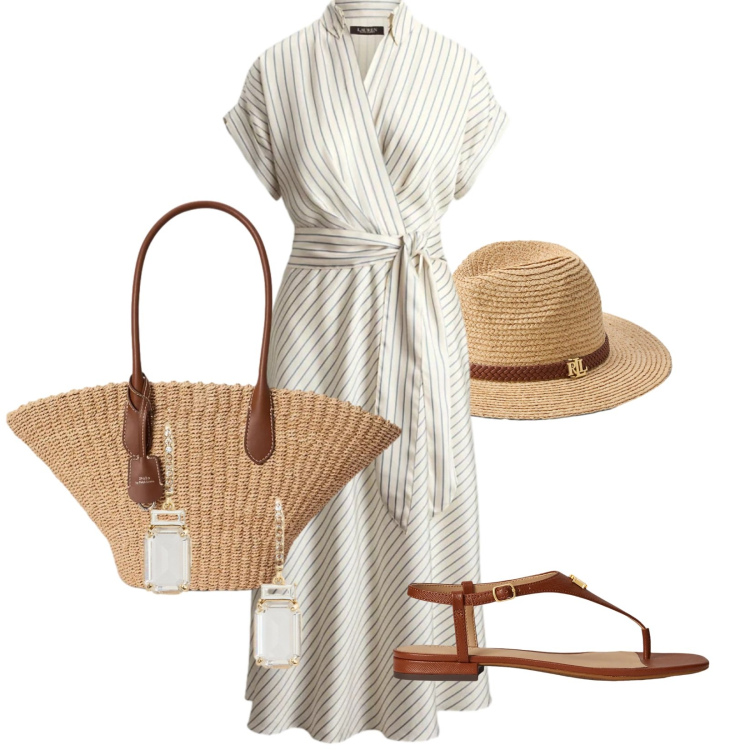 Outfit donna - Total look #2395931. Stile Casual chic per Mare. Abbinamento con orecchini, cappelli, borse tote, vestiti midi/longuette, sandali in pelle.