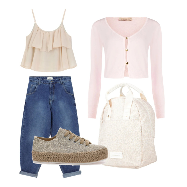 Outfit donna - Rinnovo l\'armadio 8. Stile Casual per Tutti i giorni. Abbinamento con zaini, top, jeans, cardigans, espadrillas.
