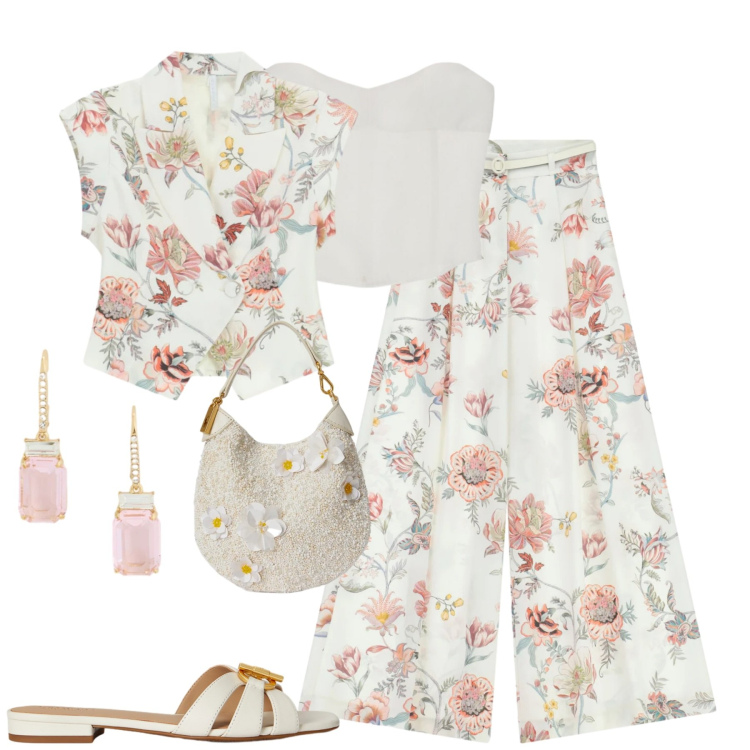 Outfit donna - Imperial. Stile Romantica per Tutti i giorni. Abbinamento con pantaloni a palazzo, gilet, top, pochette, orecchini, ciabatte.