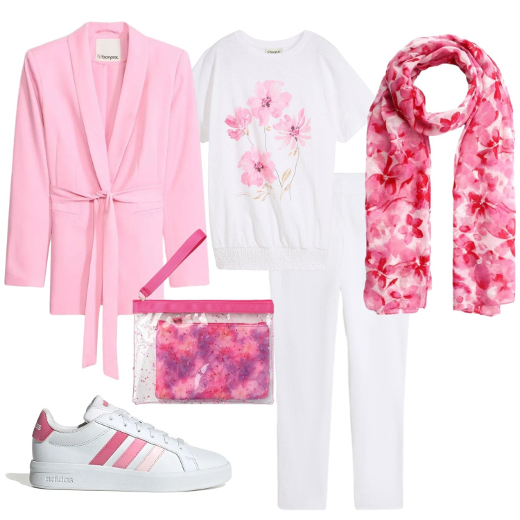 Outfit donna - In rosa e bianco. Stile Trendy per Tutti i giorni. Abbinamento con t-shirt, blazer, pantaloni, pochette, foulard, sneakers.