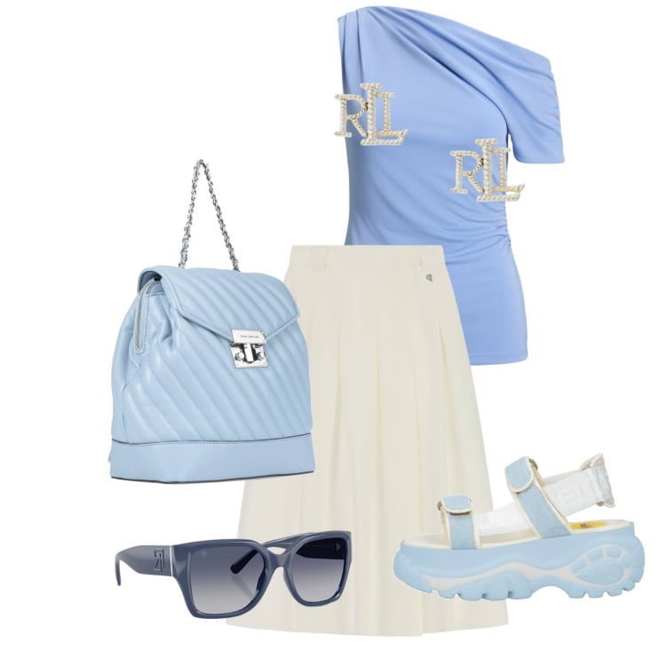 Outfit donna - Total look #2395939. Stile Casual chic per Mare. Abbinamento con zaini, sandali col tacco, gonne longuette, top, orecchini, occhiali da sole.