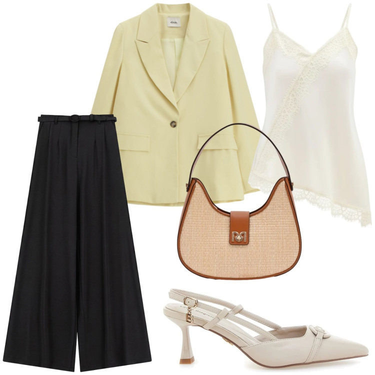 Outfit donna - Blazer leggeri. Stile Trendy per Ufficio. Abbinamento con pantaloni a palazzo, borse a spalla, canottiere, blazer, décolleté.