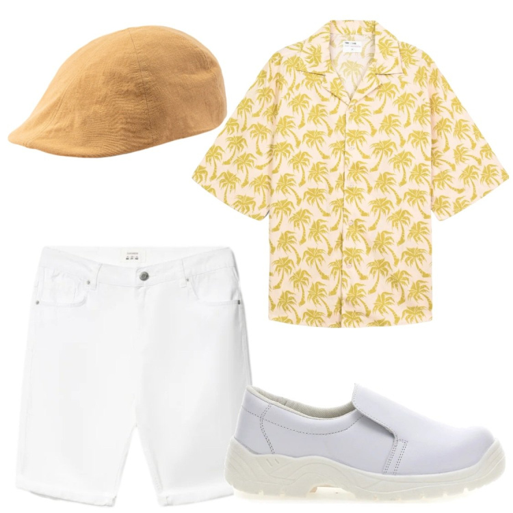 Outfit uomo - Partita a golf?. Stile Trendy per Serata speciale. Abbinamento con camicie a manica corta, bermuda, cappelli con visiera, scarpe stringate.