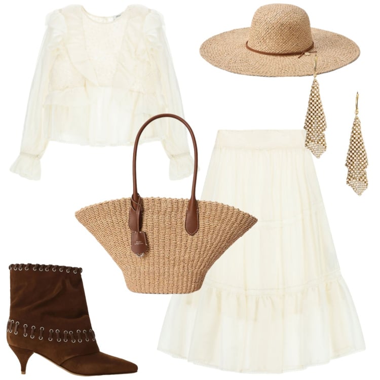 Outfit donna - Romanticamente boho. Stile Boho per Tutti i giorni. Abbinamento con bluse, gonne lunghe, stivali, orecchini, cappelli, borse tote.