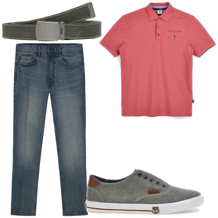 Outfit uomo - Buongiorno amore. Stile Casual per Ufficio. Abbinamento con cinture, jeans, polo, scarpe stringate.