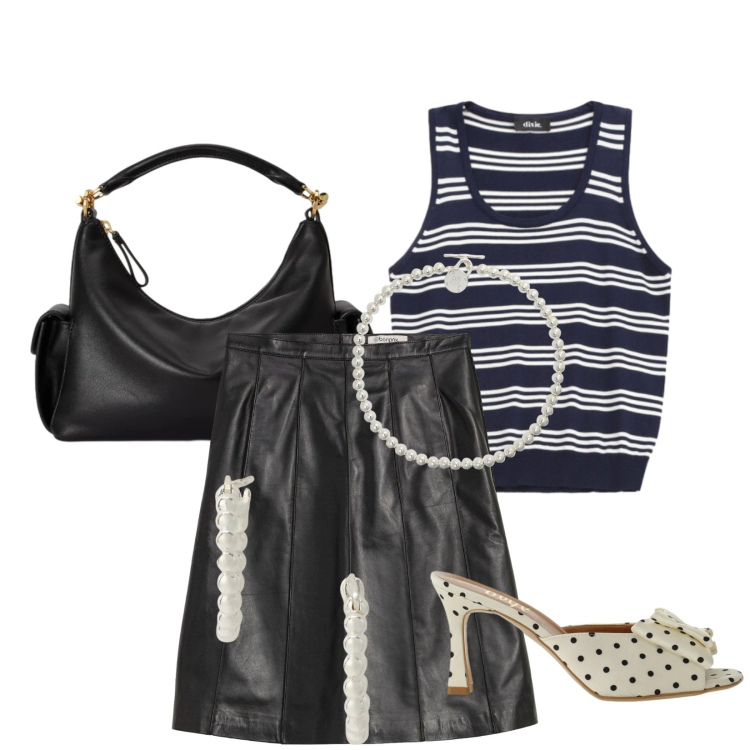 Outfit donna - Total look #2395951. Stile Sporty chic per Serata fuori. Abbinamento con gonne, sandali col tacco, top, collane, orecchini, borse a spalla.