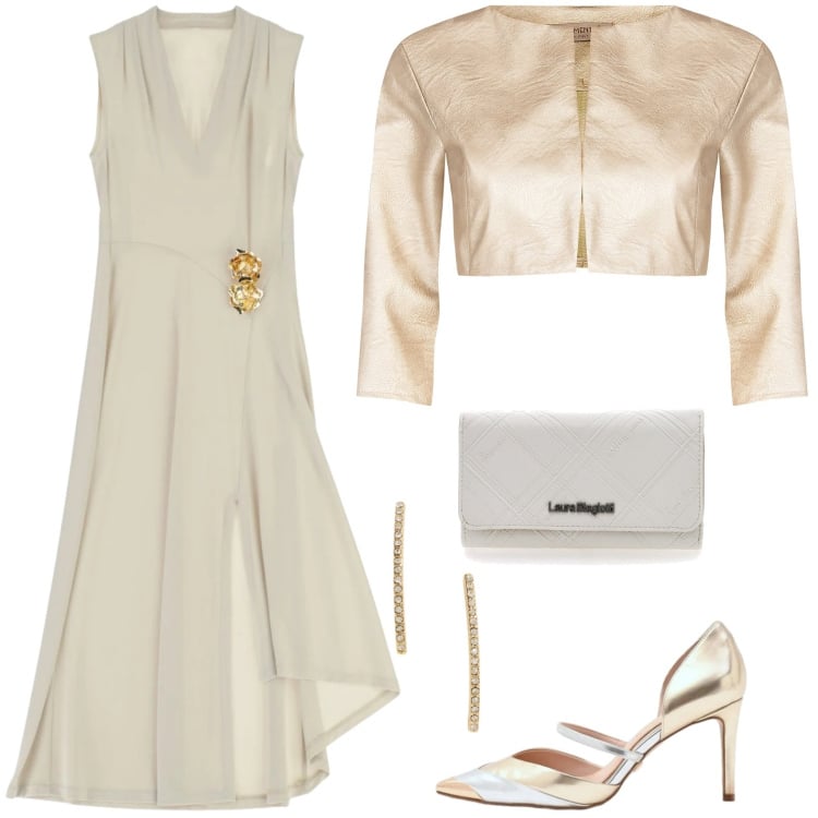 Outfit donna - Cerimonia. Stile Chic per Cerimonia. Abbinamento con vestiti midi/longuette, bolero, décolleté, orecchini, portafogli.