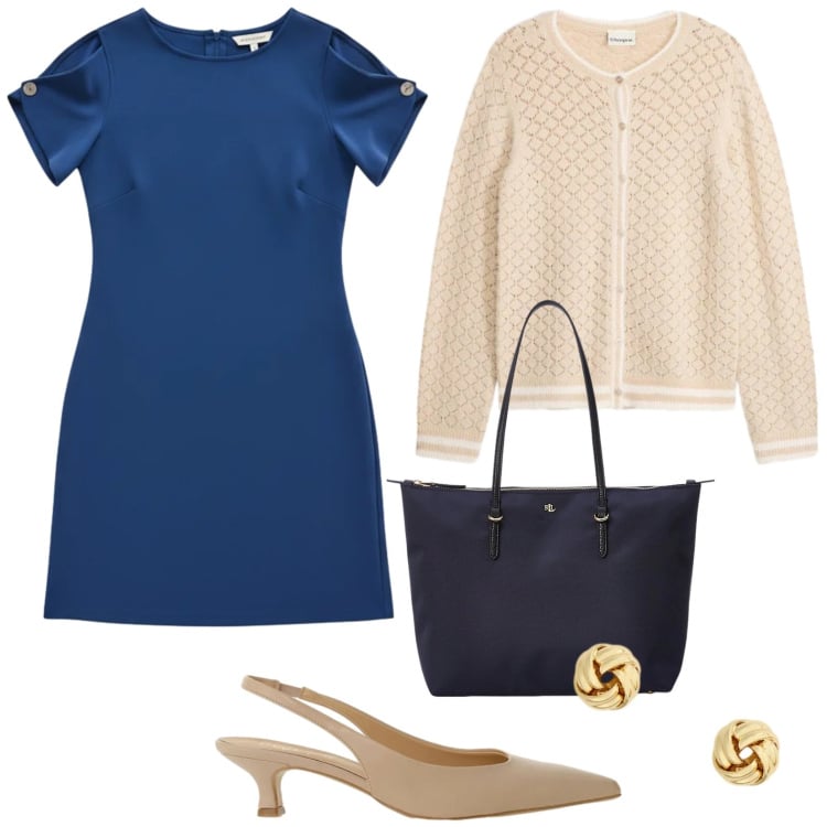 Outfit donna - Abito blu notte. Stile Bon Ton per Ufficio. Abbinamento con cardigans, vestiti corti, décolleté, orecchini, borse tote.