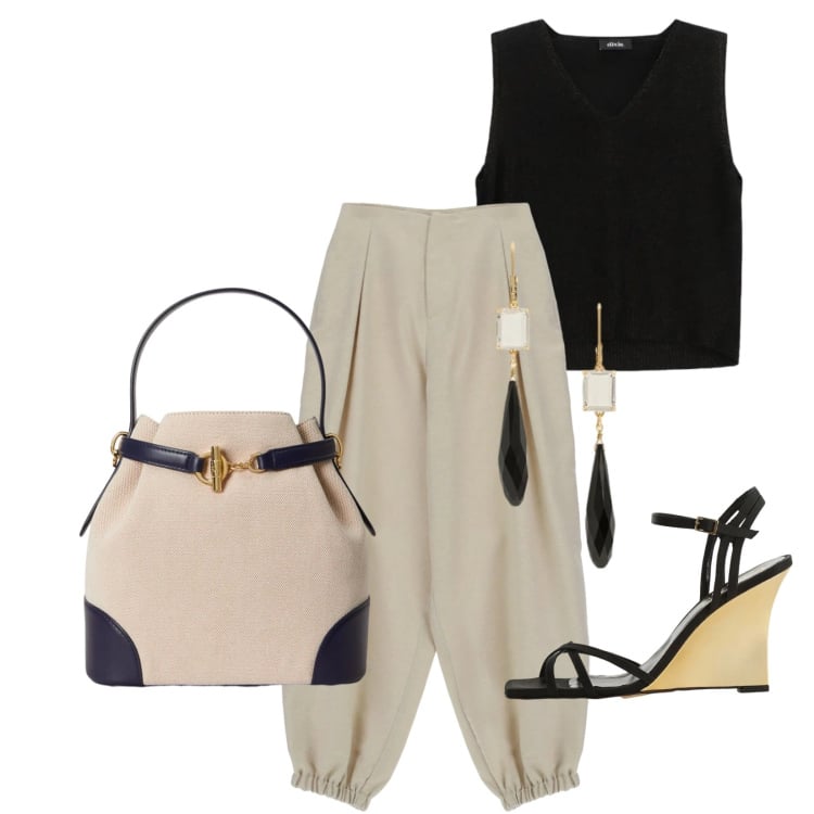 Outfit donna - Total look #2395957. Stile Sporty chic per Ufficio. Abbinamento con pantaloni, sandali col tacco, top, orecchini, borse a secchiello.