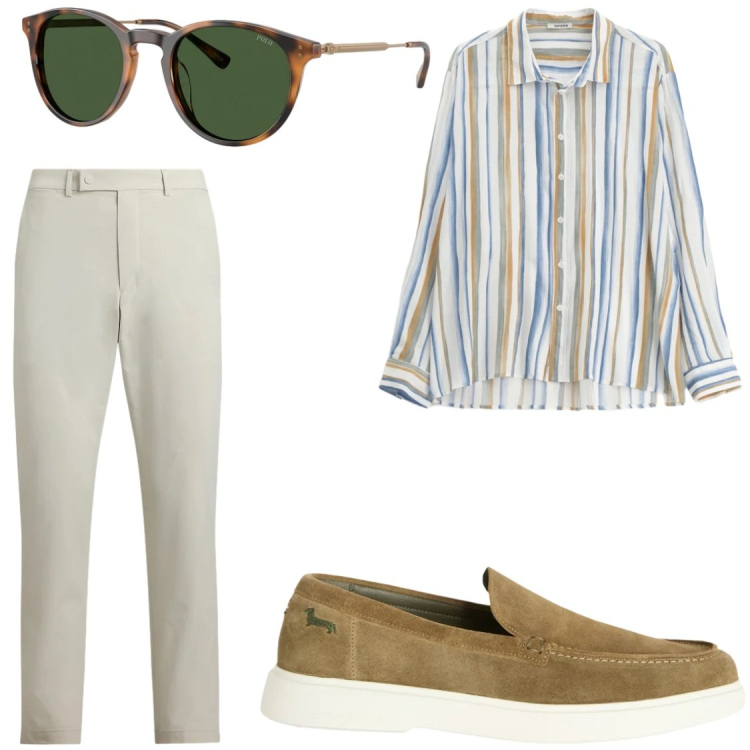 Outfit uomo - CAMICIE#NoIlSolito. Stile Trendy per Serata speciale. Abbinamento con camicie, scarpe stringate, pantaloni, occhiali da sole.