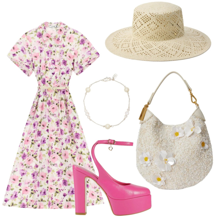 Outfit donna - Stampa floreale. Stile Trendy per Tutti i giorni. Abbinamento con décolleté, vestiti midi/longuette, braccialetti, pochette, cappelli.
