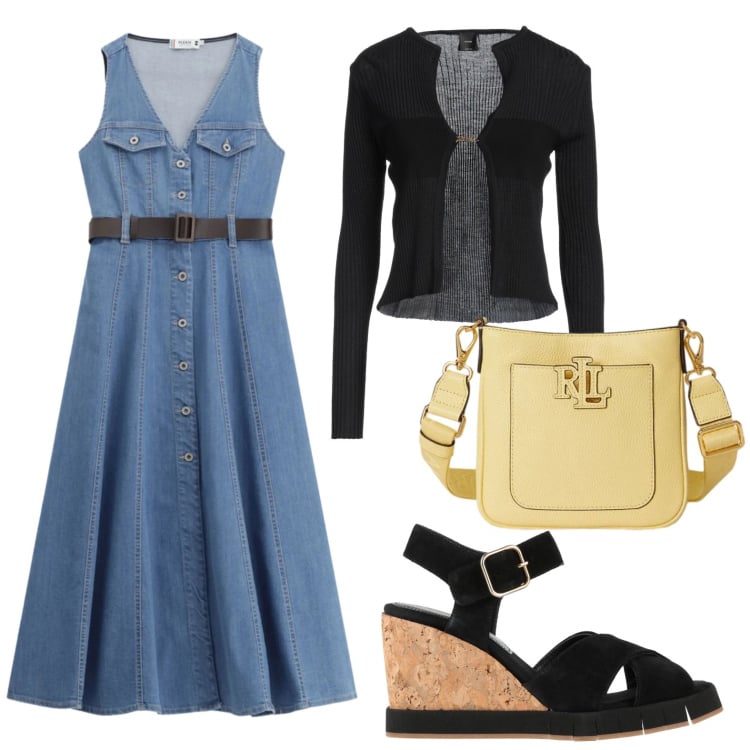 Outfit donna - Abito midi svasato. Stile Urban per Tutti i giorni. Abbinamento con cardigans, sandali in pelle, vestiti midi/longuette, borse a tracolla.