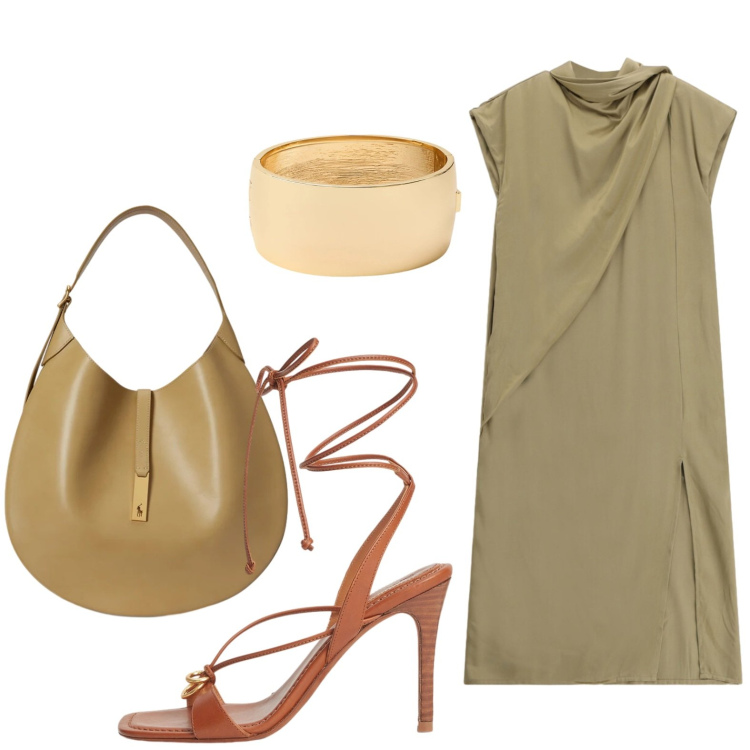 Outfit donna - Vestito fluido. Stile Urban per Tutti i giorni. Abbinamento con vestiti lunghi, borse a spalla, braccialetti, sandali in pelle.