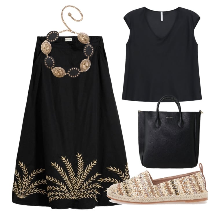 Outfit donna - Focus cintura. Stile Etnico per Ufficio. Abbinamento con gonne lunghe, cinture, borse a tracolla, top, espadrillas.