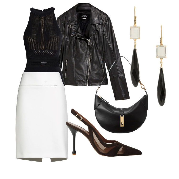 Outfit donna - Sexy!. Stile Sexy per Serata fuori. Abbinamento con minigonne, body, blazer, décolleté, borse a spalla, orecchini.